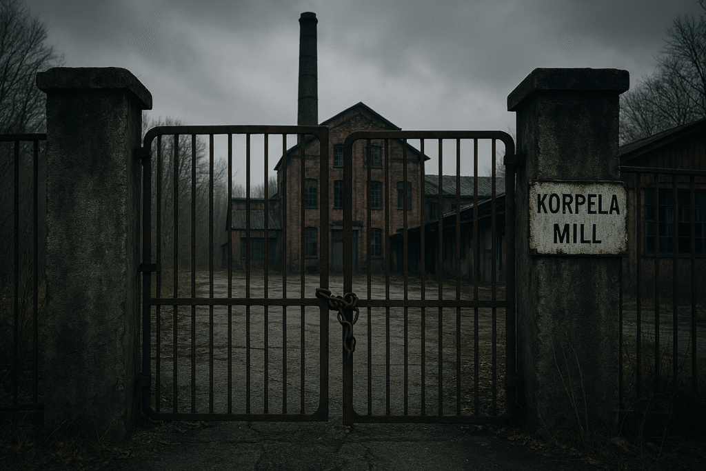 The chained gates of Korpela Mill, photographed days after the shutdown.